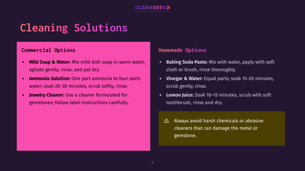 A Poster Titled &Quot;Cleaning Solutions&Quot; Divided Into Two Sections: Commercial And Homemade Options. The Commercial Options Include Mild Soap &Amp; Water, Ammonia Solution, And Jewelry Cleaner. The Homemade Options Include Baking Soda Paste, Vinegar &Amp; Water, And Lemon Juice. A Warning Advises Avoiding Harsh Chemicals Or Abrasive Cleaners To Protect Metal Or Gemstones.