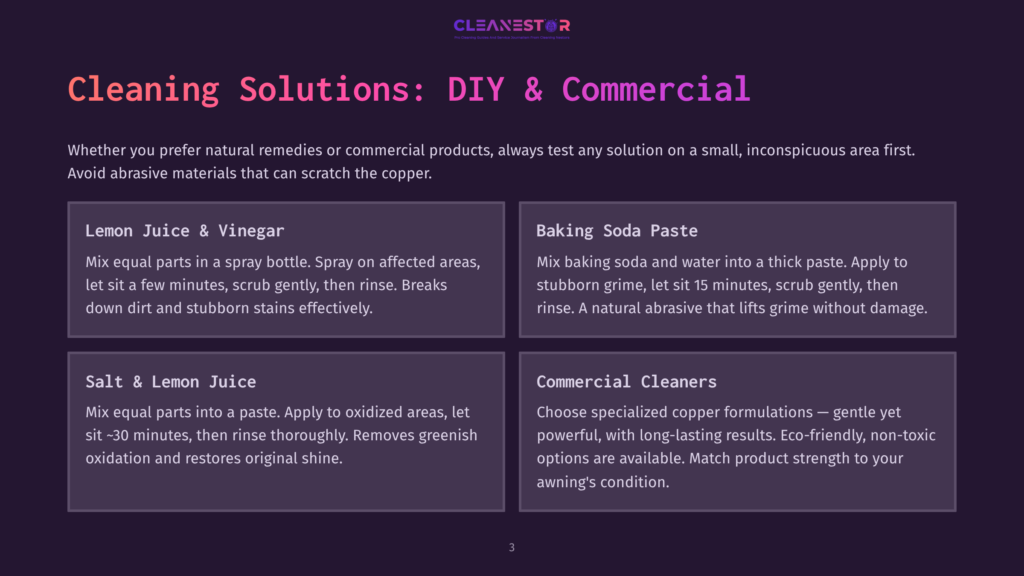 3 Cleaning Solutions Diy And Commercial An Infographic With Four Different Cleaning Solutions For Copper, Including Lemon Juice &Amp; Vinegar, Baking Soda Paste, Salt &Amp; Lemon Juice, And Commercial Cleaners, With Detailed Instructions On How To Use Each.