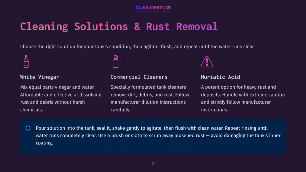 Cleaning Solutions &Amp; Rust Removal: White Vinegar, Commercial Cleaners, And Muriatic Acid Options For Tank Cleaning. Includes Instructions For Safe Use.