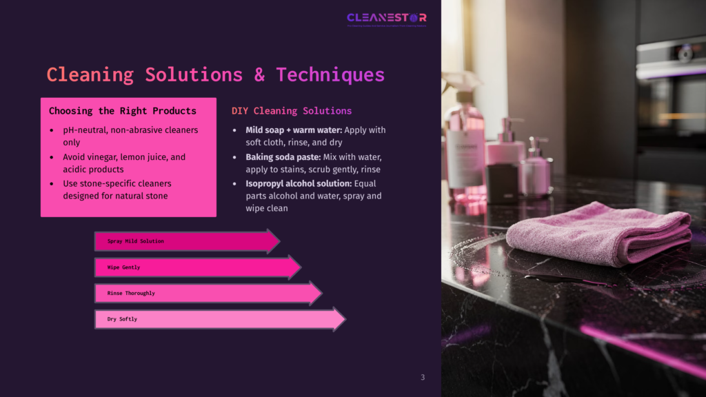 Infographic On Cleaning Solutions And Techniques, With A Modern Kitchen Background. Text Highlights Ph-Neutral Cleaners And Gentle Cleaning Practices. A Pink Towel And Cleaning Products Are On A Black Marble Countertop.