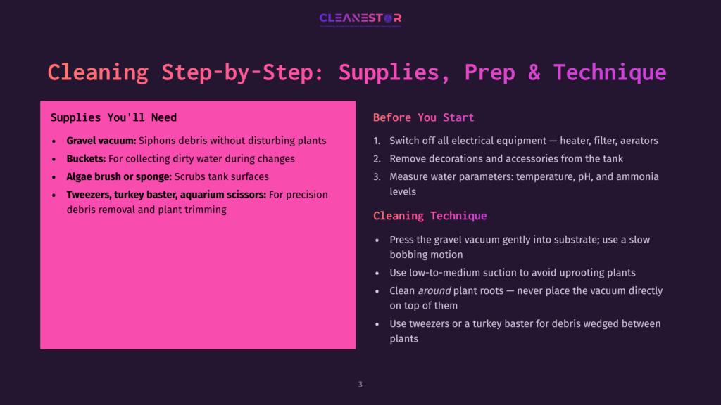 A Dark Purple Slide Titled &Quot;Cleaning Step-By-Step: Supplies, Prep &Amp; Technique&Quot; Lists Supplies Like Gravel Vacuum, Buckets, Algae Brush, And Tweezers, And Outlines Prep Steps Such As Switching Off Equipment And Removing Decorations.
