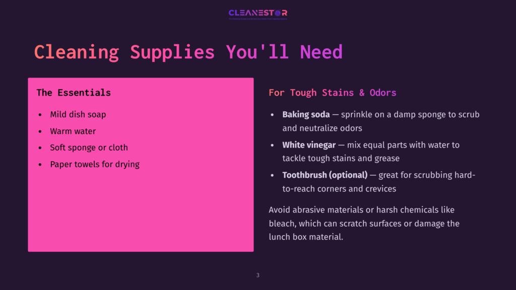 A Dark Background With A Bright Pink Rectangle On The Left Listing &Quot;The Essentials&Quot; For Cleaning: Mild Dish Soap, Warm Water, Soft Sponge Or Cloth, And Paper Towels. On The Right, Under &Quot;For Tough Stains &Amp; Odors,&Quot; It Lists Baking Soda And White Vinegar, With A Toothbrush As Optional. The Cleanestor Logo Is At The Top.