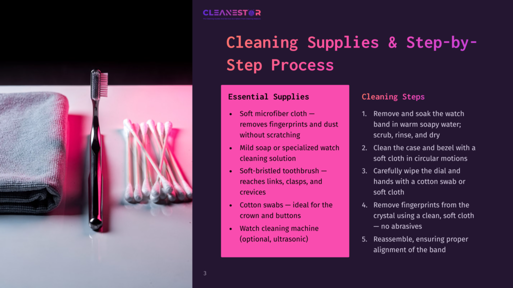 Cleaning Supplies &Amp; Step-By-Step Process: A Soft Microfiber Cloth, Mild Soap, Soft-Bristled Toothbrush, Cotton Swabs, And A Watch Cleaning Machine Are Displayed Next To A Watch.
