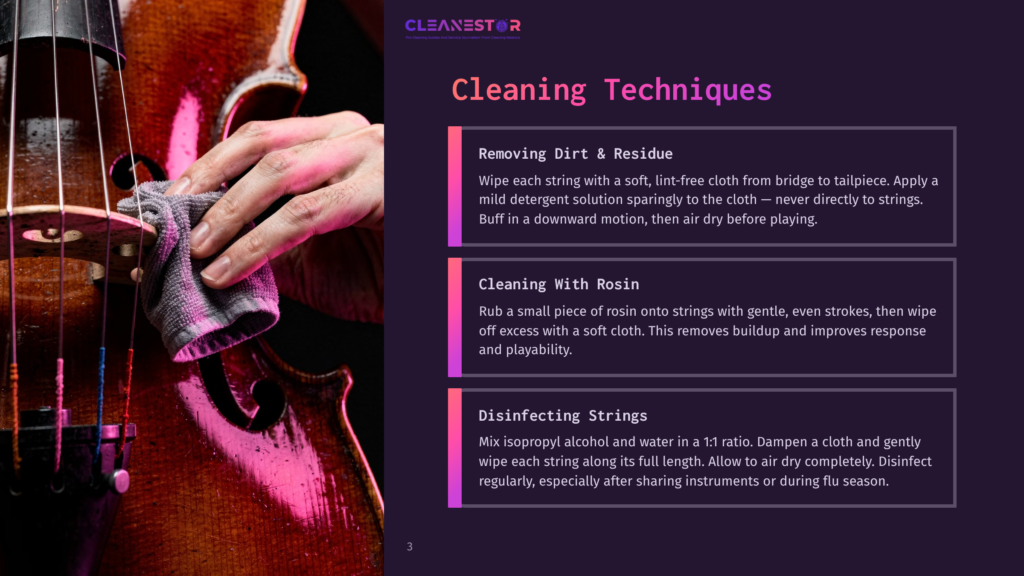 3 Cleaning Techniques 1 Close-Up Of A Hand Gently Cleaning A Cello With A Cloth, Highlighting Cleaning Techniques For Musical Instruments. The Image Also Displays Text About Removing Dirt, Cleaning Rosin, And Disinfecting Strings.