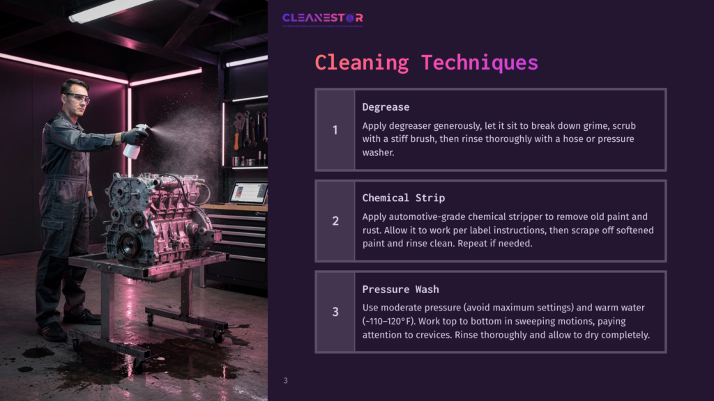 Man In Overalls Sprays A Car Engine With A Cleaning Solution In A Brightly Lit Garage, With Cleaning Techniques Listed On The Right: Degrease, Chemical Strip, And Pressure Wash.