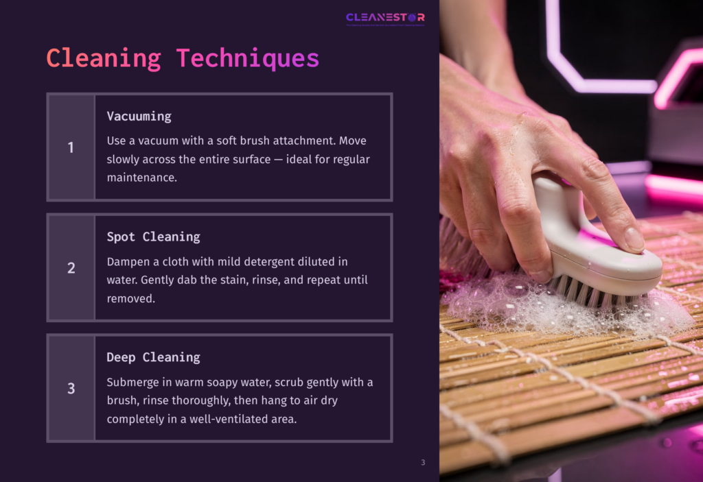 Close-Up Of A Hand Using A White Scrubbing Brush With Blue Bristles To Clean A Bamboo Mat, Creating Suds And Bubbles. The Image Illustrates Cleaning Techniques For Spot Cleaning And Deep Cleaning.