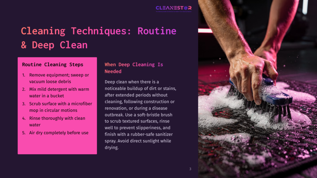 3 Cleaning Techniques Routine And Deep Clean Close-Up Of Hands Scrubbing A Textured Rubber Mat With A Blue Brush And White Foam, Suggesting Deep Cleaning. Text Overlay Reads &Quot;Cleaning Techniques: Routine &Amp; Deep Clean&Quot;.