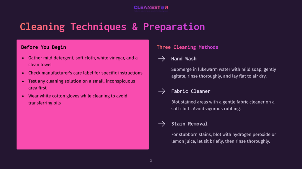 Infographic Displaying Cleaning Techniques And Preparation Steps For Three Methods: Hand Wash, Fabric Cleaner, And Stain Removal. The Left Section Provides A List Of Items To Gather And Steps To Take Before Cleaning, While The Right Section Details Each Cleaning Method With Specific Instructions And Tips.