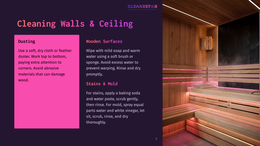 Interior Of A Modern Sauna With Warm Wooden Walls And Benches, Illuminated By Soft Pink And Orange Led Lighting. &Quot;Cleanestor&Quot; Logo And Text About Cleaning Walls &Amp; Ceilings Are Visible.
