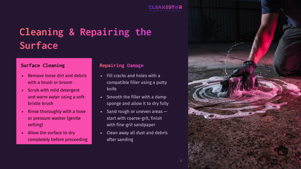 Close-Up Of A Gloved Hand Scrubbing A Dirty Concrete Surface With A Stiff Brush, Creating A Foamy Lather. Text Overlay Reads &Quot;Cleaning &Amp; Repairing The Surface&Quot; And &Quot;Surface Cleaning&Quot; With Bullet Points.