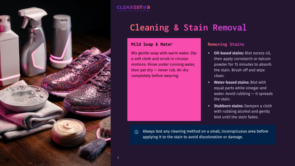 3 Cleaning And Stain Removal An Assortment Of Cleaning Products And A Pair Of Sparkling Sneakers On A Wooden Surface. Products Include Mild Soap, Water, And Other Stain Removal Items. The Text Provides Instructions On Cleaning Sneakers.
