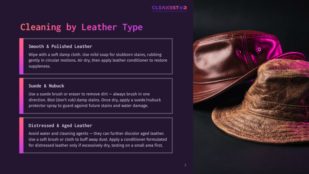 Close-Up Of Three Leather Hats: A Smooth, Polished Brown Fedora And Two Textured, Distressed Leather Hats, One Brown And One Dark Brown, With A Pink And Purple Neon Light Glow.