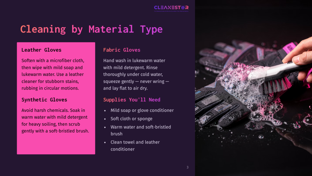 Close-Up Of Hands Cleaning Black And Grey Motorcycle Gloves With A Brush And Soapy Water. Text Overlay Provides Cleaning Instructions For Leather And Synthetic Gloves.