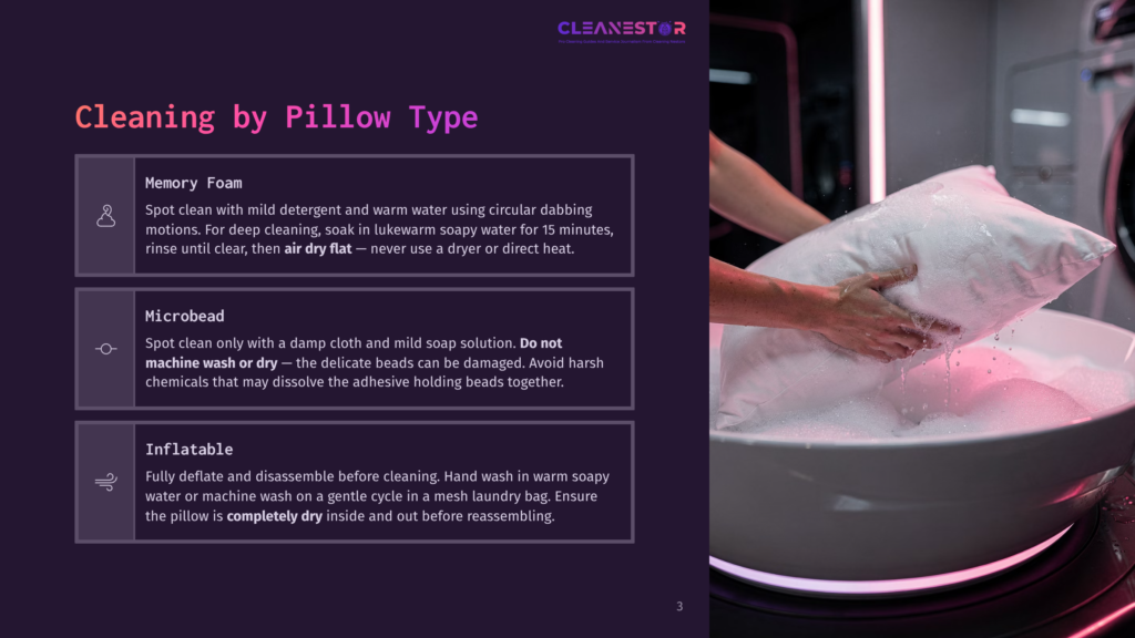 Close-Up Of Hands Gently Washing A White Pillow In A Sink Filled With White Foam And Water, With A Text Overlay On The Left Detailing Pillow Cleaning Instructions For Memory Foam, Microbead, And Inflatable Types.
