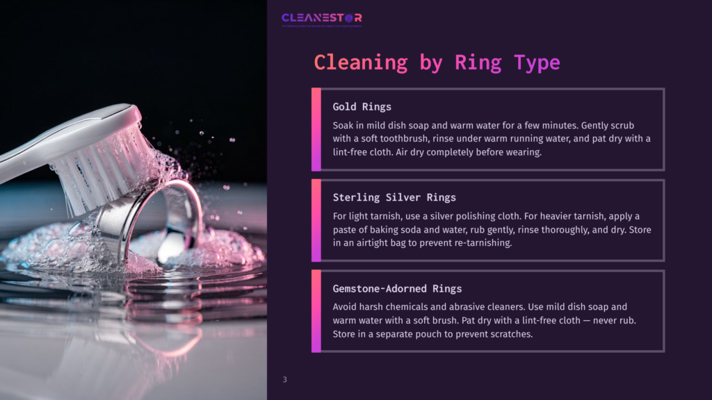 A Silver Toothbrush Gently Scrubs A Sparkling Clean Ring Submerged In Soapy Water, With A Focus On The Cleaning Process For Jewelry.
