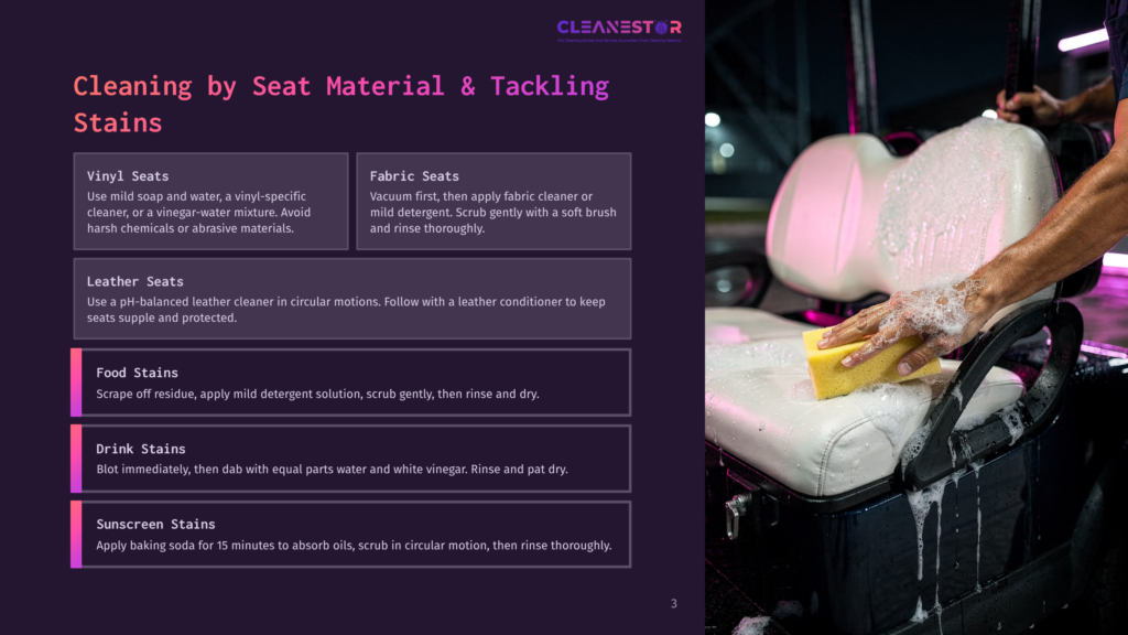3 Cleaning By Seat Material And Tackling Stains A Person'S Hands Scrub A White Seat With A Yellow Sponge And Soap Suds, Cleaning A Seat On A Golf Cart.