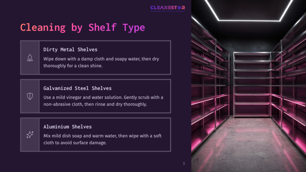 Cleanestor Logo Above A Slide Titled &Quot;Cleaning By Shelf Type&Quot; With Sections For &Quot;Dirty Metal Shelves&Quot;, &Quot;Galvanized Steel Shelves&Quot;, And &Quot;Aluminium Shelves&Quot; Next To A Photo Of Illuminated Metal Shelving Units.
