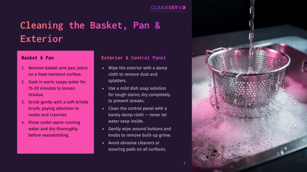 Cleaning A Stainless Steel Basket And Pan Under Running Water With Soap Suds. Instructions For Cleaning The Basket, Pan, And Exterior Are Visible On The Left.