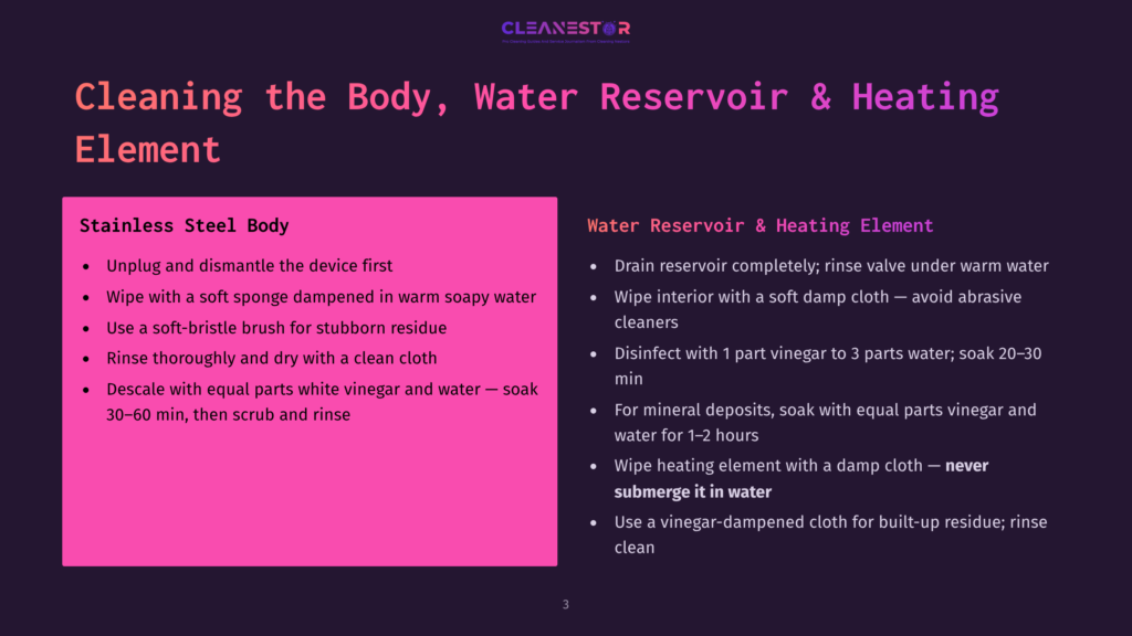 Cleaning The Body, Water Reservoir &Amp; Heating Element Of A Stainless Steel Steam Cleaner. Instructions Include Unplugging The Device, Wiping With A Soapy Sponge, Using A Soft-Bristle Brush, And Descaling With Vinegar.