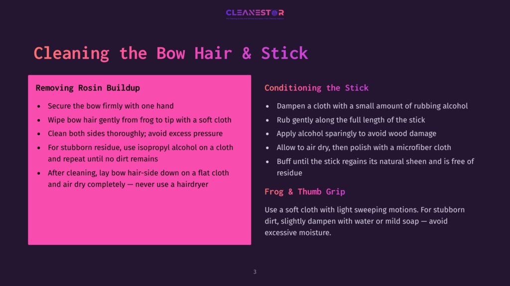 Presentation Slide Titled &Quot;Cleaning The Bow Hair &Amp; Stick&Quot; With Instructions On Rosin Buildup Removal And Conditioning, Featuring Bulleted Lists And A Purple Background.