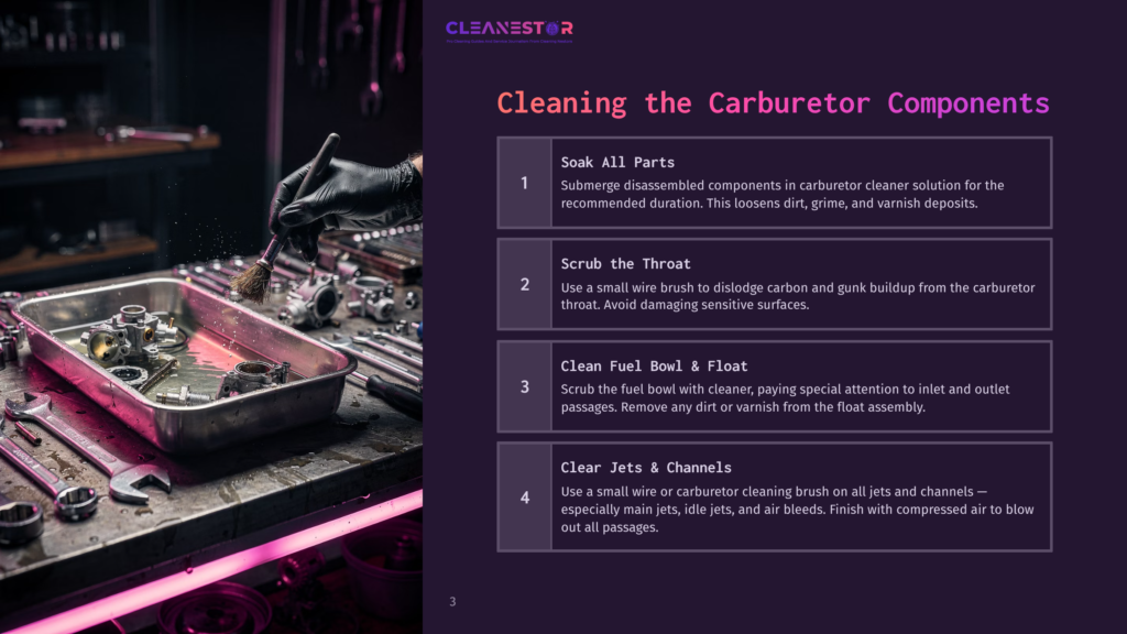 A Mechanic&Amp;Apos;S Hands Meticulously Clean Carburetor Components In A Metal Tray With A Brush, Surrounded By Tools And A Dark, Moody Workshop Setting With Neon Pink Lighting.