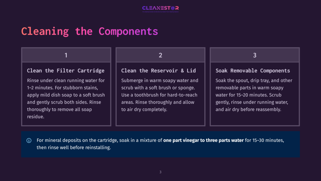 Infographic Detailing How To Clean Components Of A Steam Cleaner, With Steps For The Filter Cartridge, Reservoir And Lid, And Removable Components, Including Soaking Instructions With Vinegar.