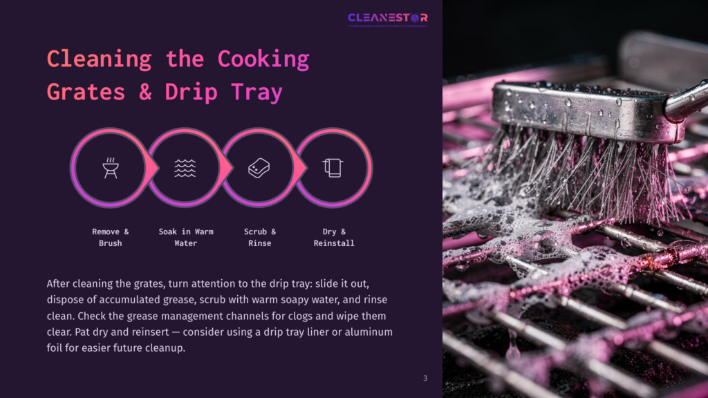 3 Cleaning The Cooking Grates And Drip Tray Close-Up Of A Grill Grate Being Scrubbed With A Wire Brush And Soapy Water, With A Diagram Showing The Steps For Cleaning Grill Grates And Drip Trays.