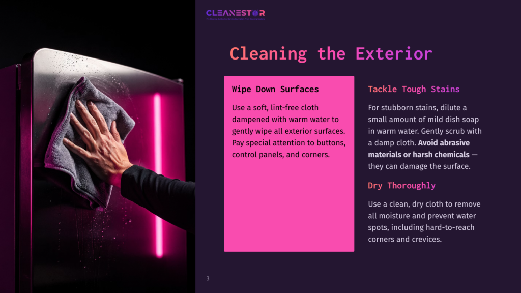Hand Wiping Down A Shiny, Modern Stainless Steel Refrigerator Exterior With A Damp Grey Microfiber Cloth, Leaving Streaks Of Water. The Cleaning Process Is Illuminated By Bright Pink Neon Lights.