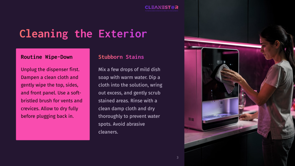 A Woman In A Black Shirt Cleans A Modern, White And Pink Water Dispenser With A Grey Cloth. Pink Led Lights Glow Behind The Appliance, Illuminating A Kitchen Counter.
