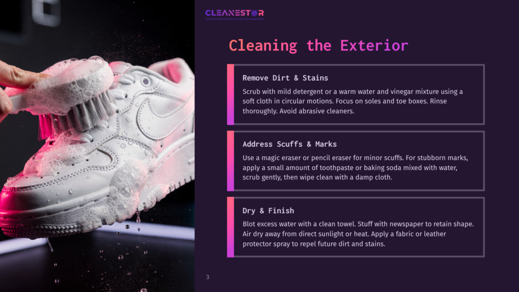Close-Up Of A White Nike Air Force 1 Sneaker Being Cleaned With A White Brush And Foamy Soap. The Cleaning Process Focuses On Removing Dirt And Stains From The Shoe'S Exterior.