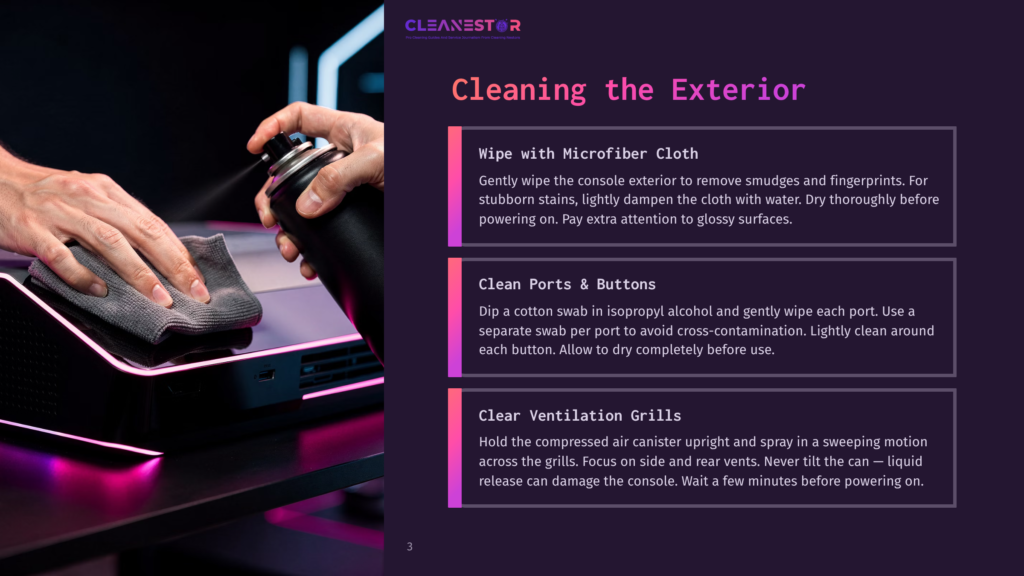 3 Cleaning The Exterior 4 Close-Up Of Hands Cleaning A Black Gaming Console With A Spray Bottle And Microfiber Cloth, With Text Overlay &Quot;Cleaning The Exterior.