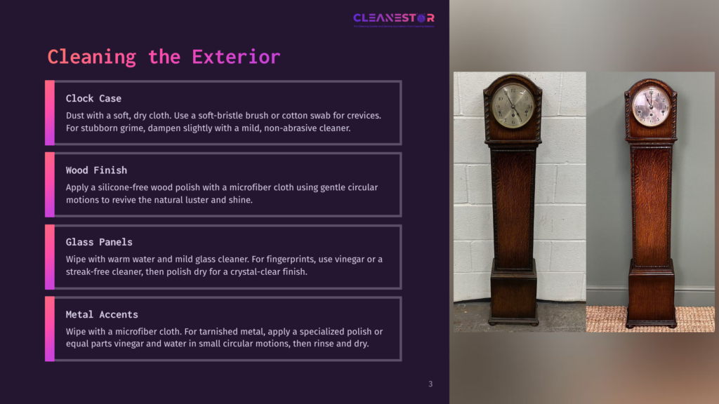 An Antique Grandfather Clock With A Dark Wooden Case And Brass Accents, Showing The Exterior In Two States: One Freshly Cleaned And The Other With Visible Grime, Accompanied By Text Instructions For Cleaning Different Parts.