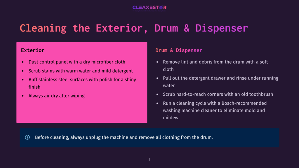 Slide Titled &Quot;Cleaning The Exterior, Drum &Amp; Dispenser&Quot; From Cleanestor, Detailing Exterior Cleaning Steps And Drum &Amp; Dispenser Cleaning Steps, Including Unplugging The Machine Before Cleaning.