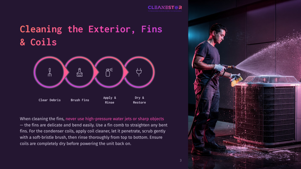3 Cleaning The Exterior Fins And Coils Man In Black T-Shirt And Gloves Sprays Water From A Hose Onto An Outdoor Air Conditioning Unit'S Exterior Fins And Coils, Cleaning Them. Text Overlay: &Quot;Cleaning The Exterior, Fins &Amp; Coils&Quot;.