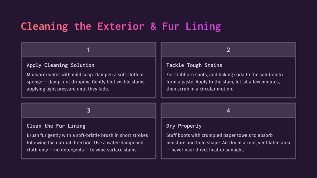 Infographic With 4 Steps For Cleaning Exterior And Fur Lining Of Boots: 1. Apply Cleaning Solution With A Damp Cloth. 2. Tackle Tough Stains With A Baking Soda Paste. 3. Clean Fur Lining With A Soft Brush And Damp Cloth. 4. Dry Properly With Crumpled Paper Towels.