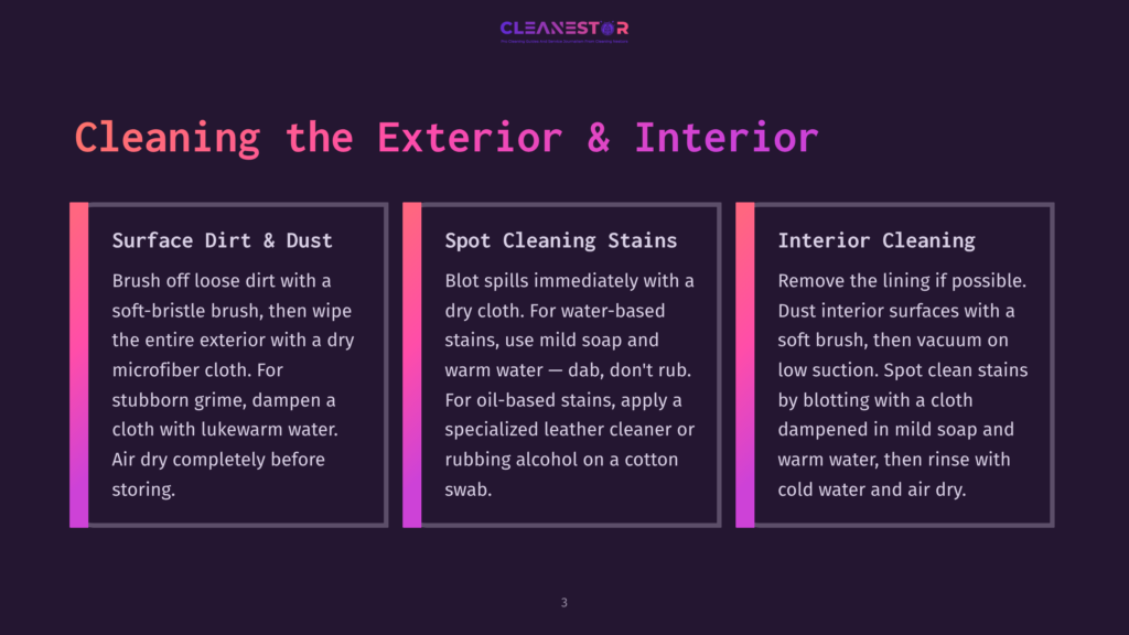 Three Vertical Panels Outlining Exterior And Interior Cleaning Tips: Surface Dirt &Amp; Dust, Spot Cleaning Stains, And Interior Cleaning. Text Details Methods For Each Cleaning Task.