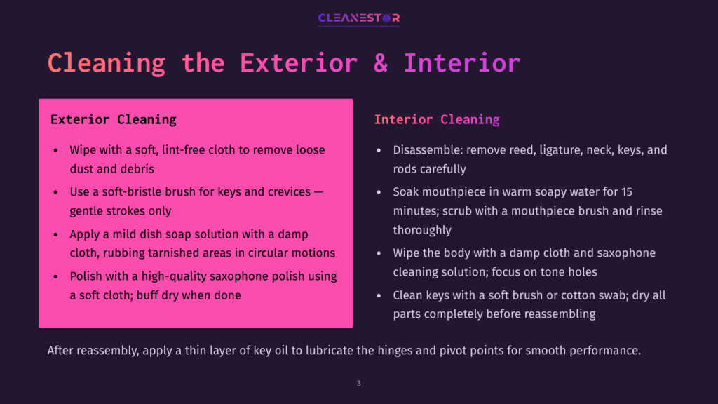 3 Cleaning The Exterior And Interior A Step-By-Step Guide For Cleaning The Exterior And Interior Of A Saxophone, Showing How To Wipe With A Soft Cloth, Use A Soft-Bristle Brush For Keys And Crevices, And Apply A Mild Dish Soap Solution With A Damp Cloth For Polishing.