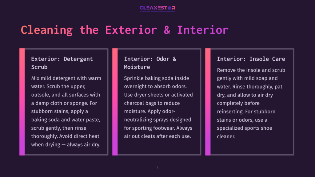 3 Cleaning The Exterior And Interior 7 Three Panels On A Dark Purple Background Offer Cleaning Tips For Shoes. The First Panel, Titled 'Exterior: Detergent Scrub,' Describes Mixing Mild Detergent With Warm Water And Scrubbing The Upper And All Surfaces With A Damp Cloth. The Second Panel, 'Interior: Odor &Amp; Moisture,' Suggests Using Baking Soda To Absorb Odors And Dryer Sheets To Reduce Moisture. The Third Panel, 'Interior: Insole Care,' Advises Scrubbing The Insole With Mild Soap And Water And Using A Specialized Cleaner For Stubborn Stains.