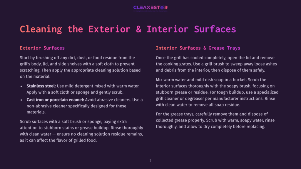 A Guide On Cleaning Exterior And Interior Surfaces Of A Grill, With Instructions For Stainless Steel, Cast Iron Or Porcelain Enamel, And Grease Trays. The Page Is Divided Into Sections For Exterior And Interior Surfaces, With Clear Headings And Text.