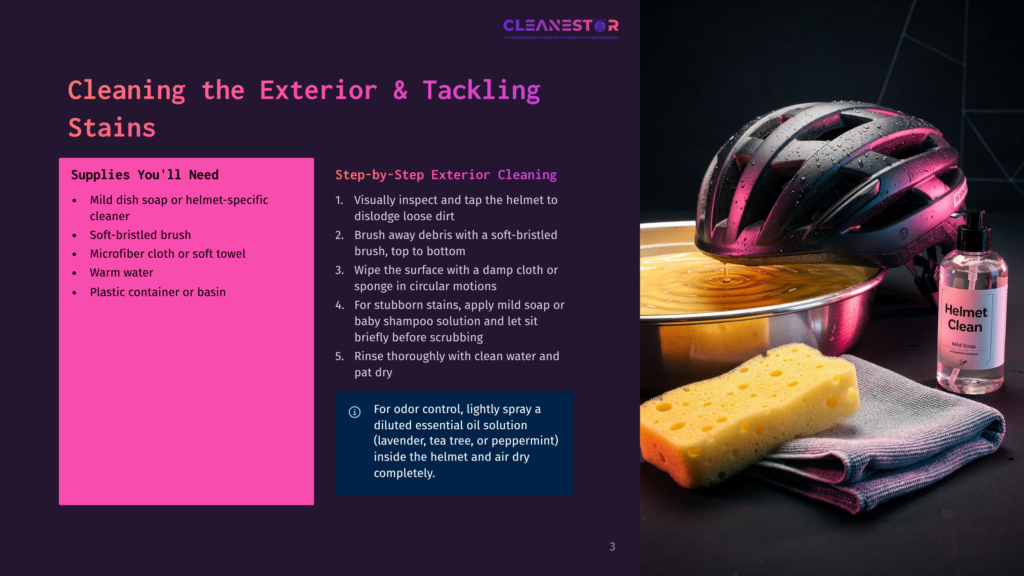 Close-Up Of A Black Bicycle Helmet Being Cleaned With A Yellow Sponge And Mild Dish Soap, Next To A Bottle Of Helmet Cleaner And A Grey Towel. &Quot;Cleanestor&Quot; Text Is Visible.