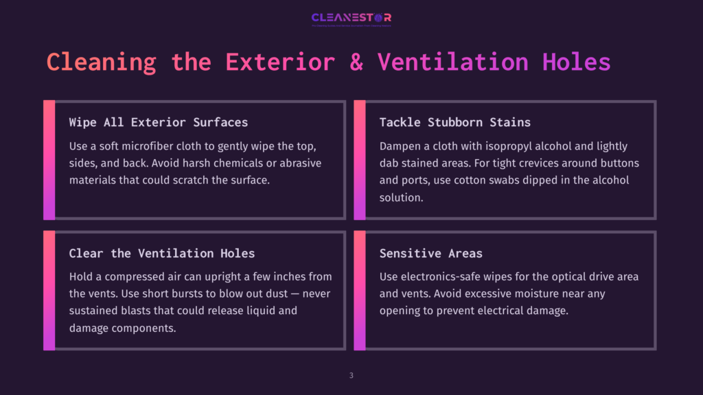 Four Panels With Text About Cleaning Electronics: &Quot;Wipe All Exterior Surfaces,&Quot; &Quot;Tackle Stubborn Stains,&Quot; &Quot;Clear The Ventilation Holes,&Quot; And &Quot;Sensitive Areas.
