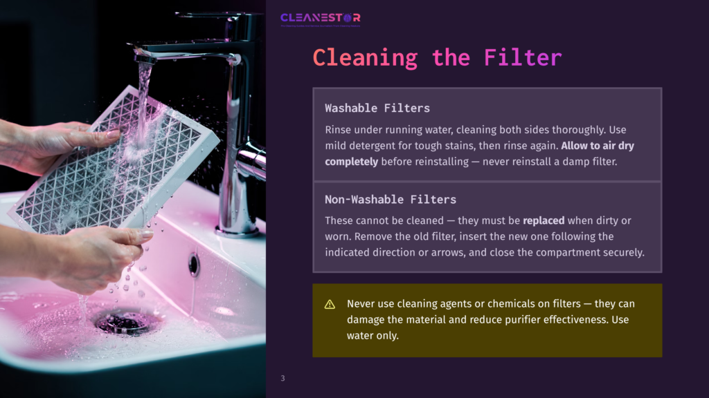 Hands Rinse A Washable Air Purifier Filter Under A Running Faucet, With Text Overlay &Quot;Cleanestor Cleaning The Filter Washable Filters Non-Washable Filters&Quot;.