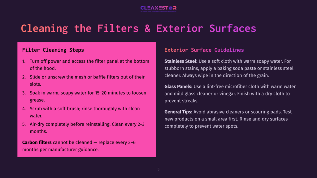 A Dark Purple Graphic With White Text Titled &Quot;Cleaning The Filters &Amp; Exterior Surfaces.&Quot; It Lists Filter Cleaning Steps And Exterior Surface Guidelines.