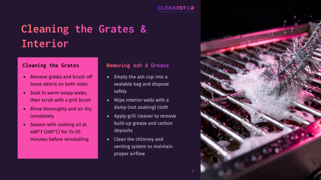 Close-Up Of A Grill Grate Being Cleaned With A Wire Brush, Suds And Water Cascading Over The Hot Metal. The Text &Quot;Cleanestor&Quot; Is Visible In The Top Center.
