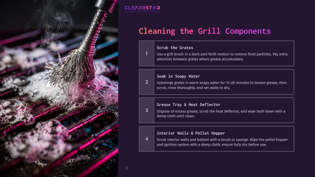 3 Cleaning The Grill Components Close-Up Of A Grill Grate Being Cleaned With A Wire Brush And Foamy Soap, With Steam Rising. Text Overlay Reads: &Quot;Cleanestor Cleaning The Grill Components Scrub The Grates Soak In Soapy Water Grease Tray &Amp; Heat Deflector Interior Walls &Amp; Pellet Hopper&Quot;.