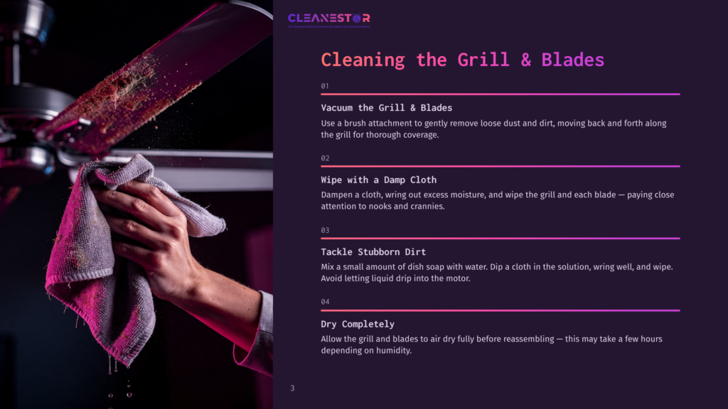 A Person'S Hands Are Cleaning A Dusty Ceiling Fan With A Purple Cloth, Showing The Cleaning Process For Ceiling Fans And Blades.
