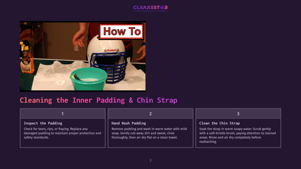 A Close-Up Of A Football Helmet Being Cleaned, With Instructions On How To Clean The Inner Padding And Chin Strap.