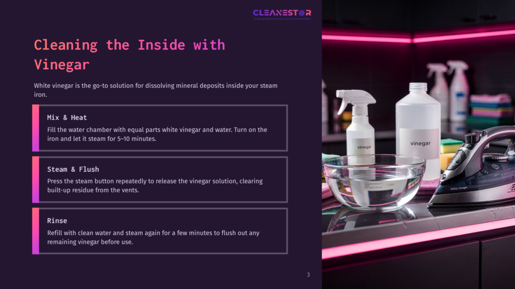 Cleanestor Steam Iron Cleaning Instructions: Mix &Amp; Heat, Steam &Amp; Flush, Rinse. White Vinegar Is Used To Clean Mineral Deposits From The Iron.