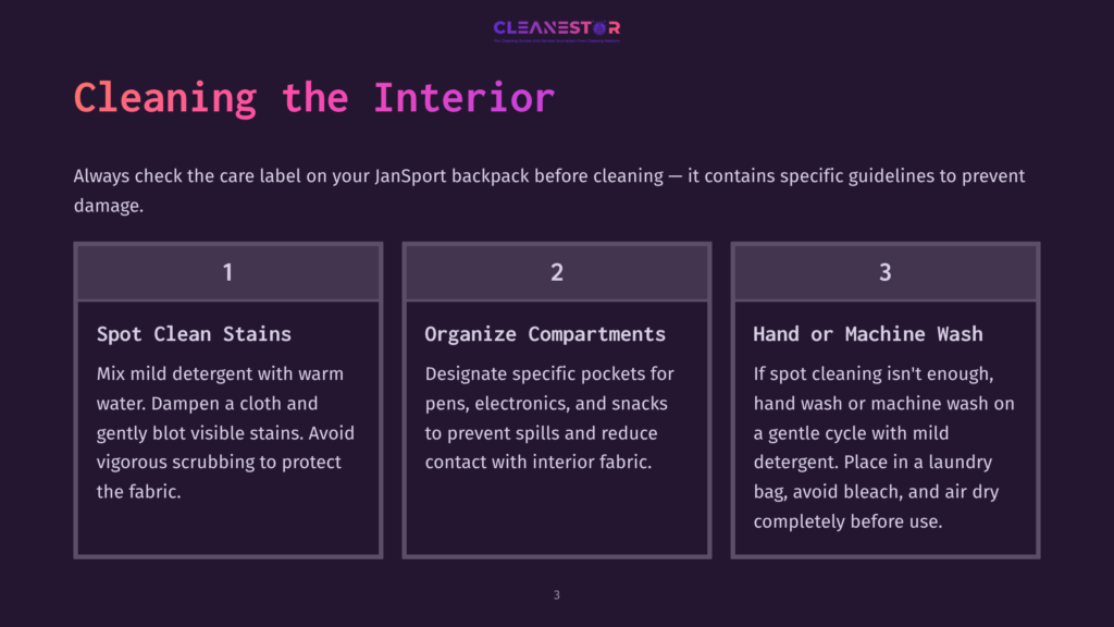 Jansport Backpack Cleaning Guide With Three Steps: Spot Clean Stains, Organize Compartments, And Hand Or Machine Wash. The Text &Quot;Cleanestor&Quot; Is At The Top.