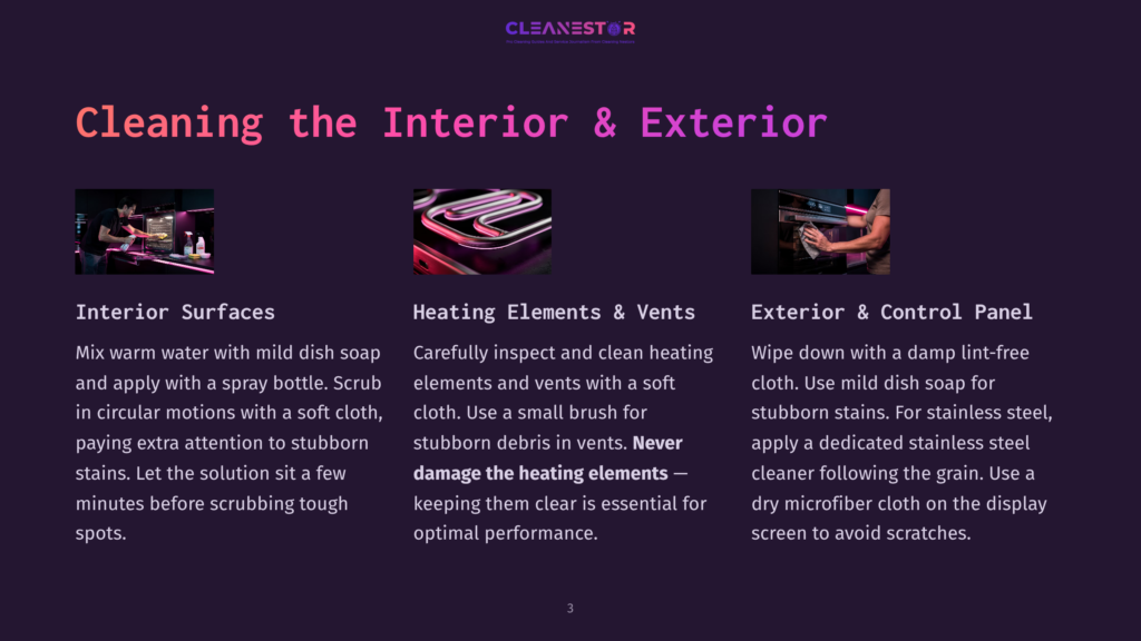 3 Cleaning The Interior And Exterior A Person Cleans A Stainless Steel Oven Interior With A Damp Cloth, Following The &Quot;Cleaning The Interior &Amp; Exterior&Quot; Guide, With Cleaning Supplies On The Counter.